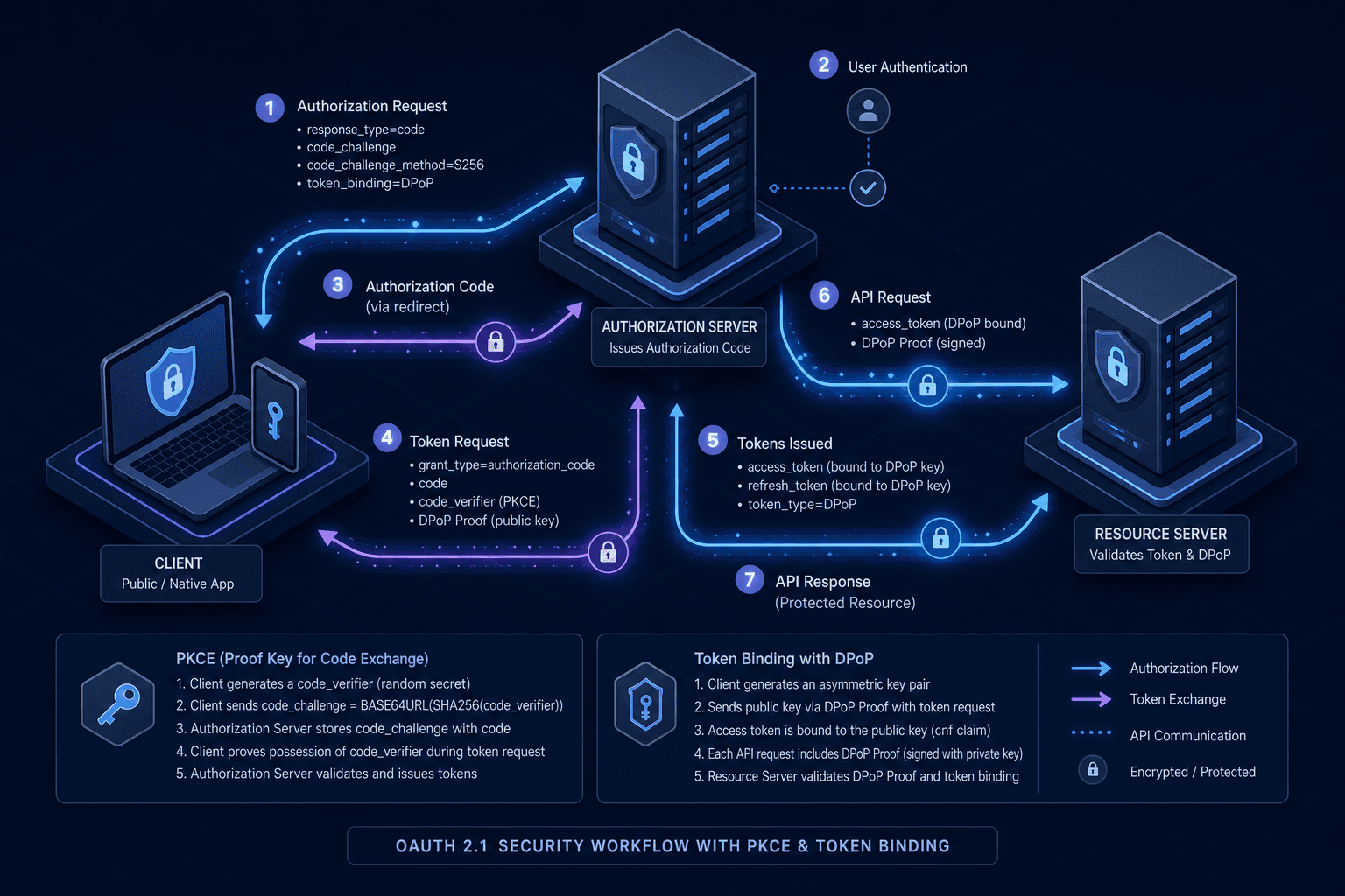 Diagram illustrating the 2025 OAuth2 security workflow with PKCE and token binding.