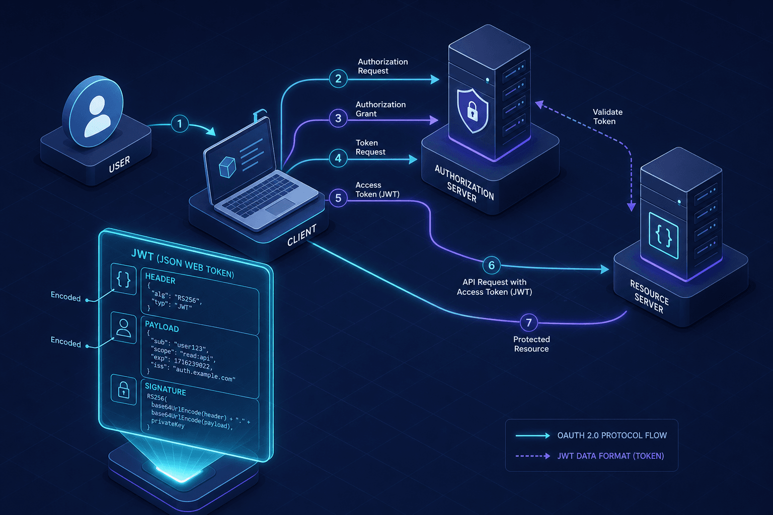 Diagram illustrating the distinction between the OAuth 2.0 protocol flow and the JWT data format.