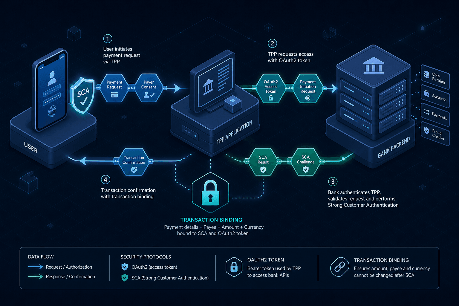 Diagram illustrating the PSD2 SCA data flow with OAuth2 tokens and transaction binding.