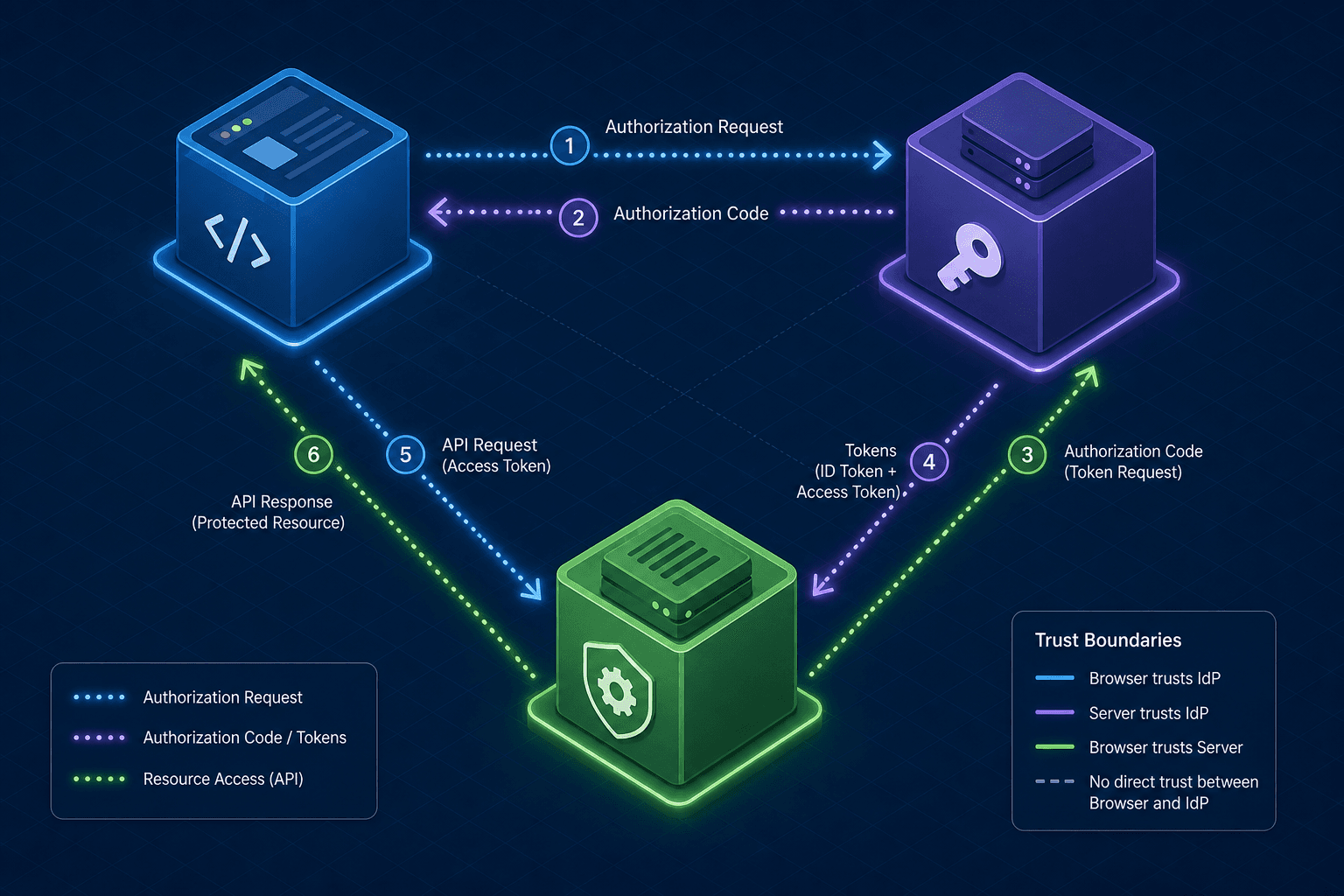 Diagram illustrating the trust boundaries between Angular frontend, Spring Boot backend, and the Identity Provider in an OIDC flow.