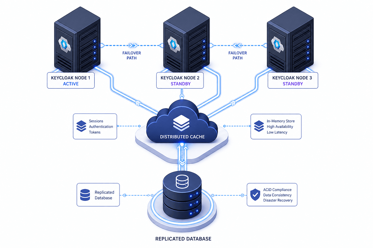 Diagram illustrating the architecture of a resilient Keycloak High Availability cluster with distributed caching and database replication.