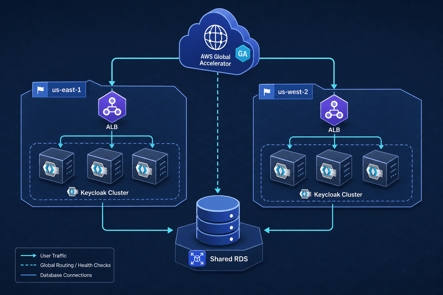 Diagram illustrating a resilient multi-region IAM architecture with Keycloak clusters in us-east-1 and us-west-2 connected to a shared database and AWS Global Accelerator.