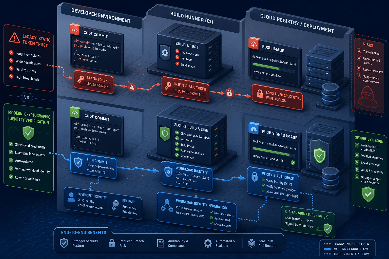 Diagram illustrating the shift from static token trust to cryptographic identity verification in a DevSecOps pipeline.