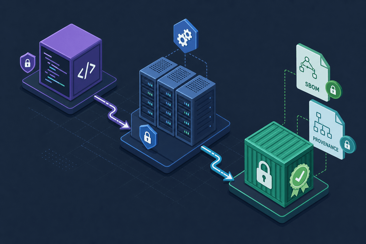 Diagram illustrating the flow from SBOM inventory to cryptographic identity verification in a secure supply chain.