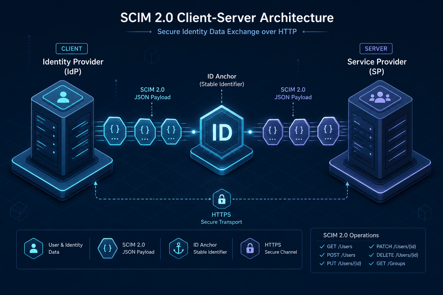 Diagram illustrating the SCIM 2.0 Client-Server model with IdP and SP interacting via HTTP.