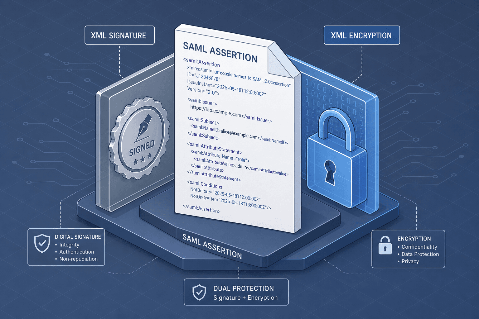 Diagram illustrating the flow of SAML assertions with XML Signature and XML Encryption layers.