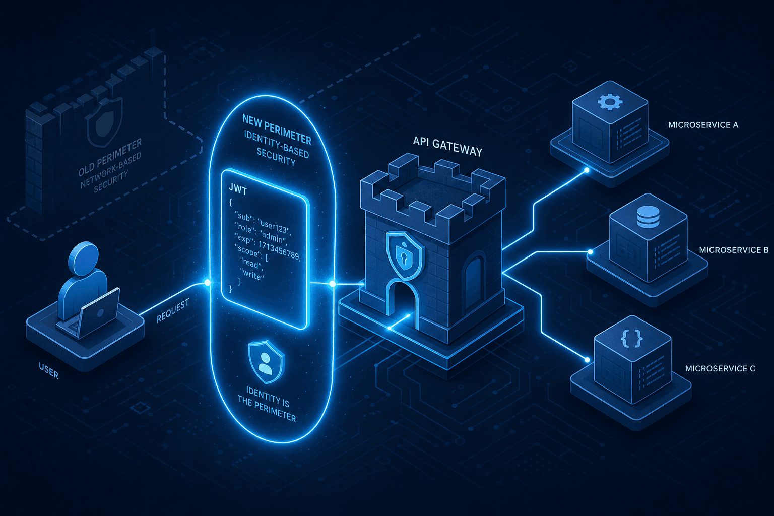 Diagram illustrating the shift from network perimeter to identity-first security architecture.