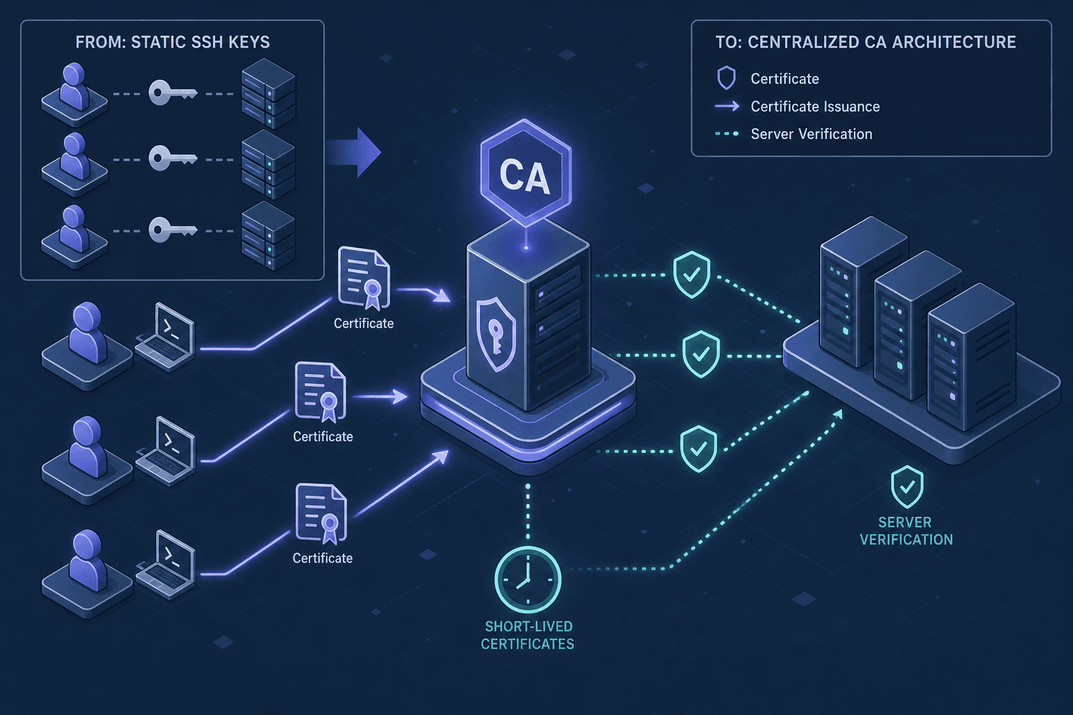 Diagram illustrating the shift from static SSH keys to a centralized Certificate Authority and Vault architecture.