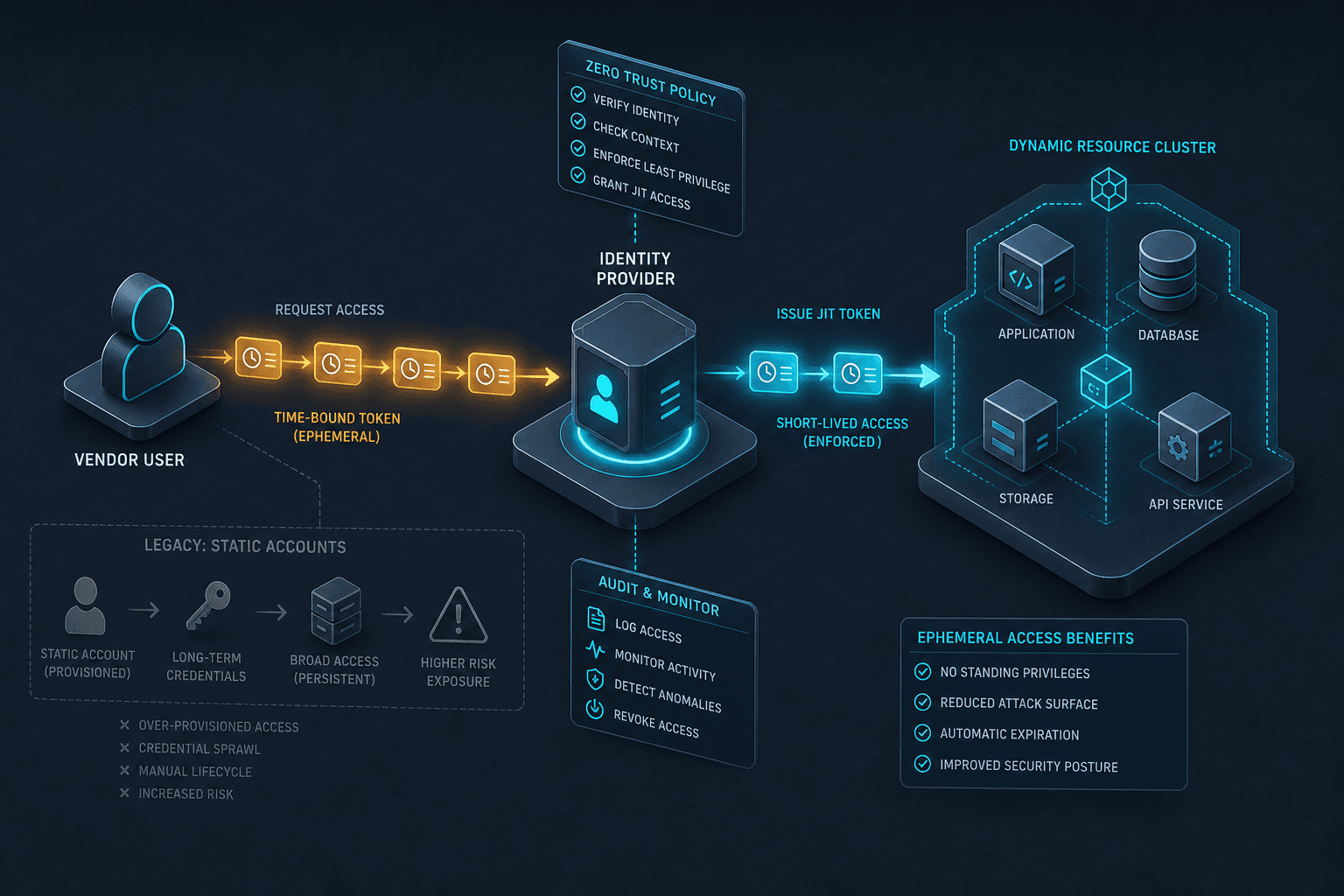 Diagram illustrating the shift from static vendor accounts to ephemeral JIT provisioning in a Zero Trust architecture.