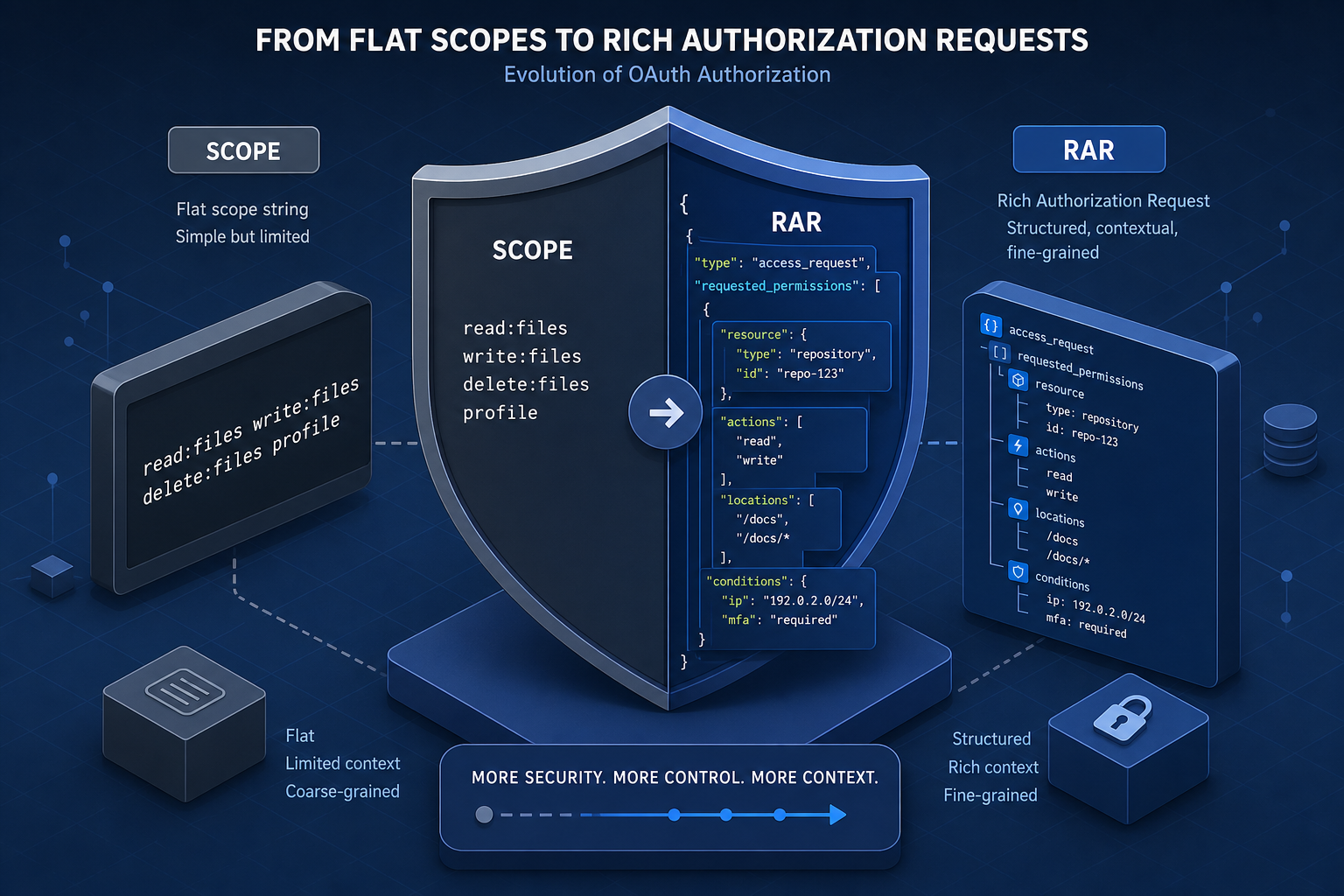 Diagram illustrating the shift from flat OAuth scopes to structured Rich Authorization Requests.