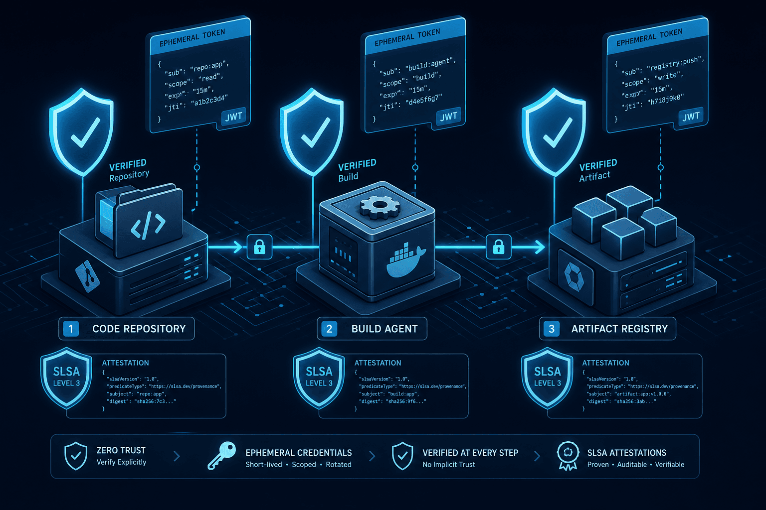 Diagram illustrating Zero Trust architecture applied to a CI/CD pipeline with ephemeral credentials and SLSA attestation.