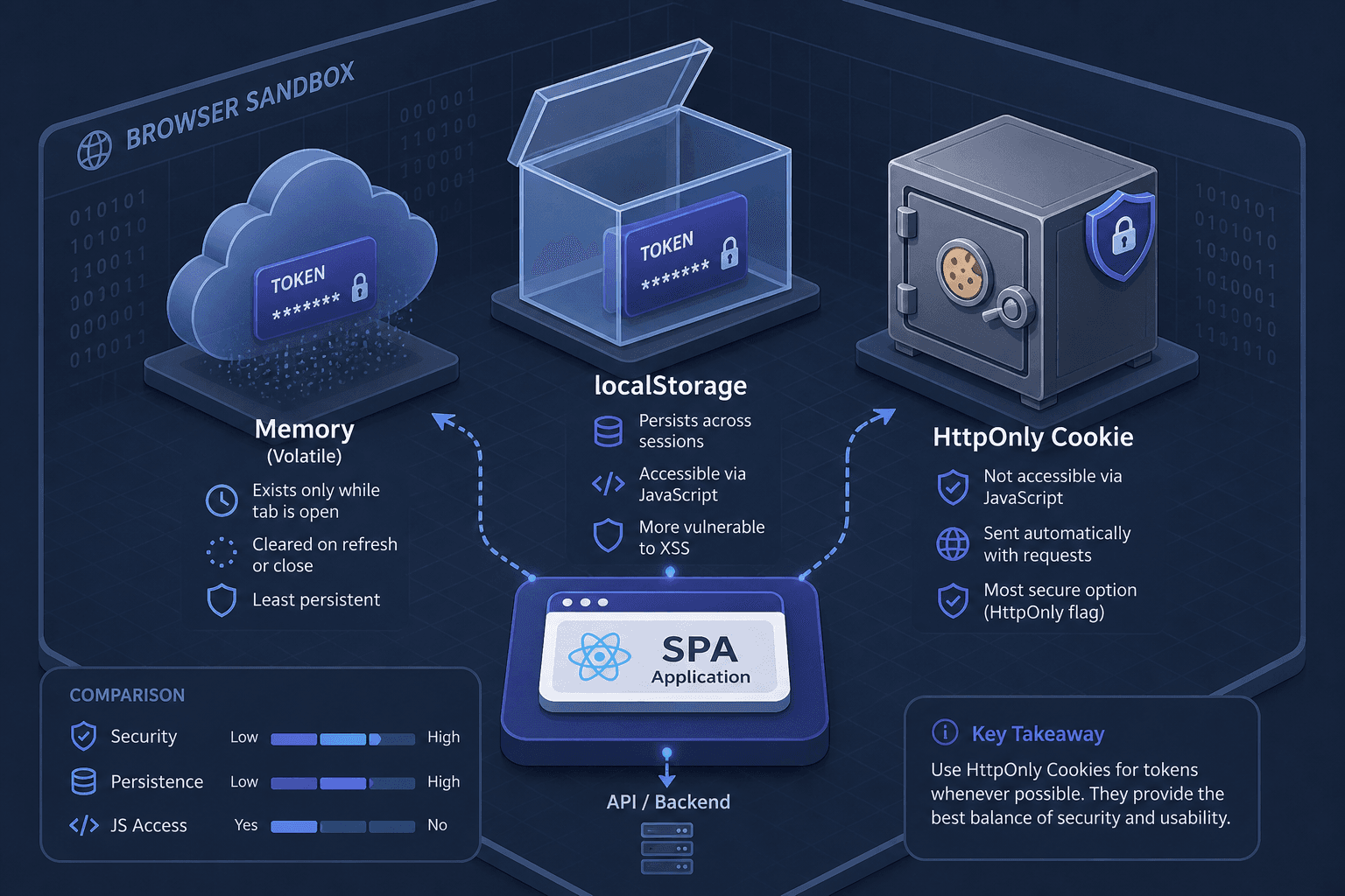 Diagram comparing token storage mechanisms in the browser.