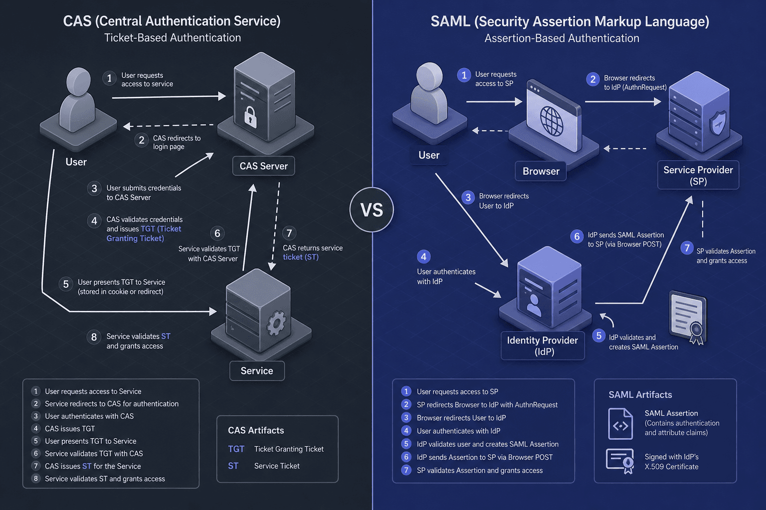 Diagram comparing CAS ticket flow and SAML assertion flow.