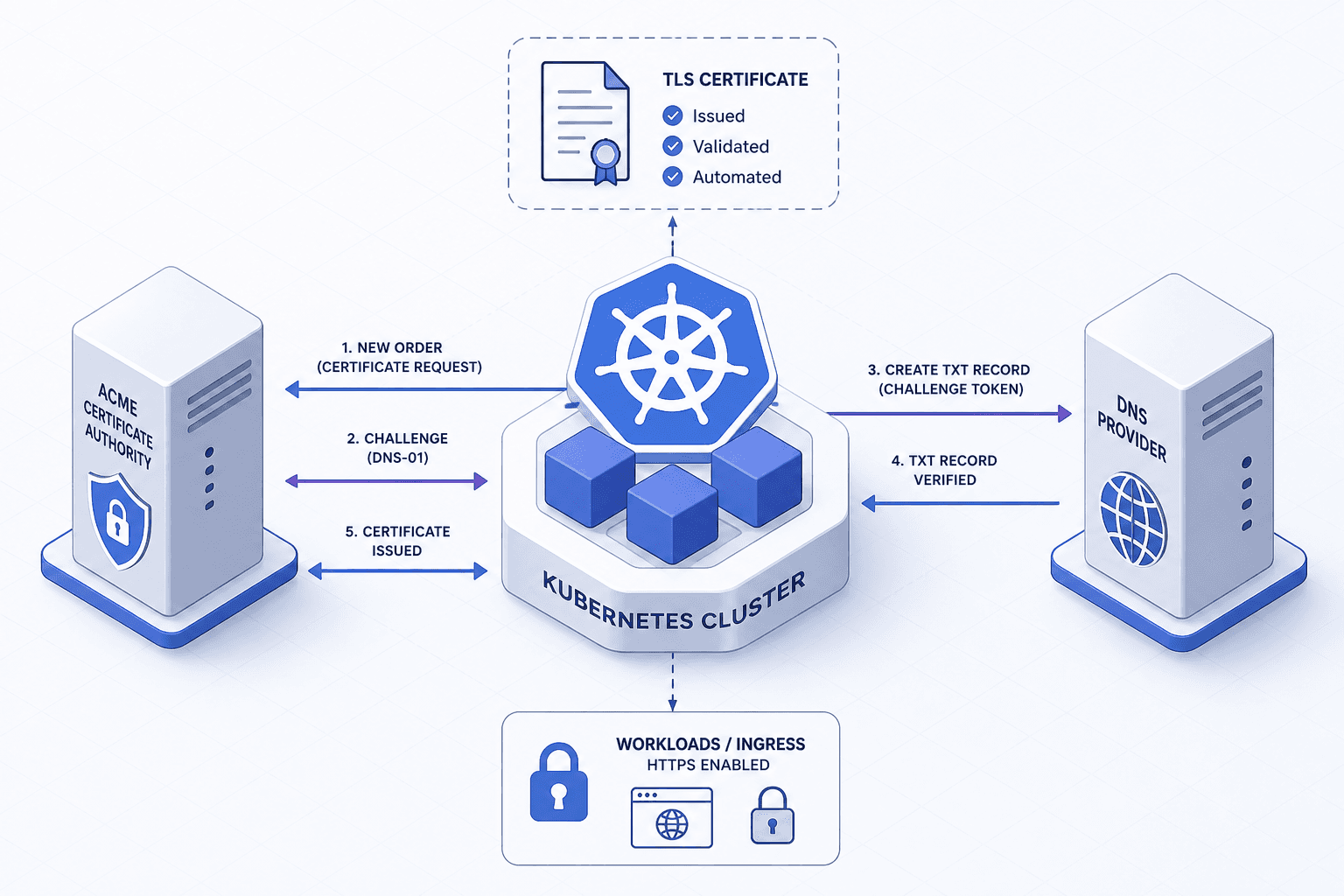 Diagram illustrating the ACME protocol flow for certificate lifecycle automation.