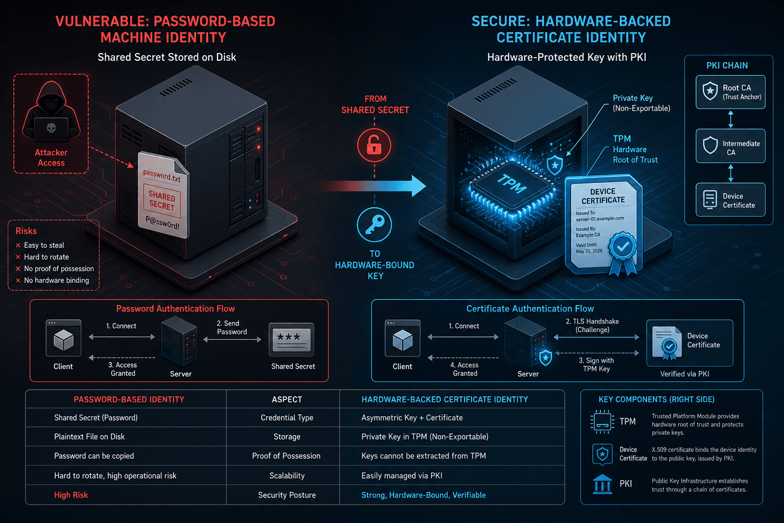 Diagram comparing password-based authentication vulnerabilities with hardware-backed certificate security boundaries.