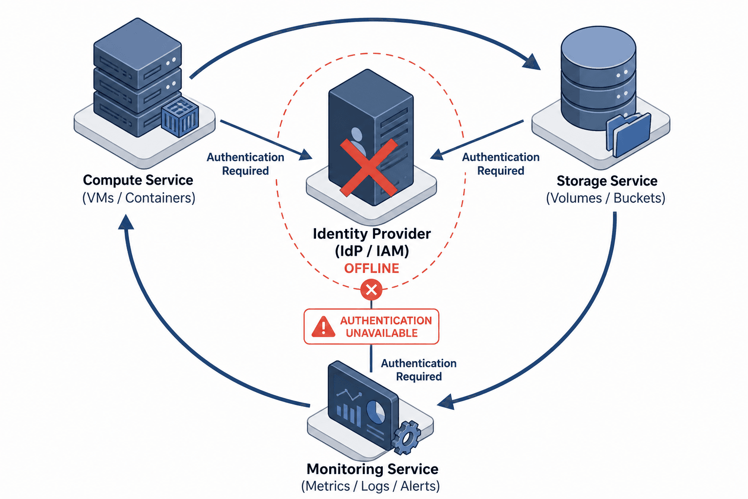 Diagram illustrating the circular dependency between identity providers and infrastructure services during an outage.