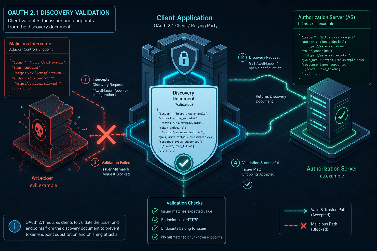 Diagram illustrating the OAuth 2.1 Discovery mechanism and issuer validation flow.
