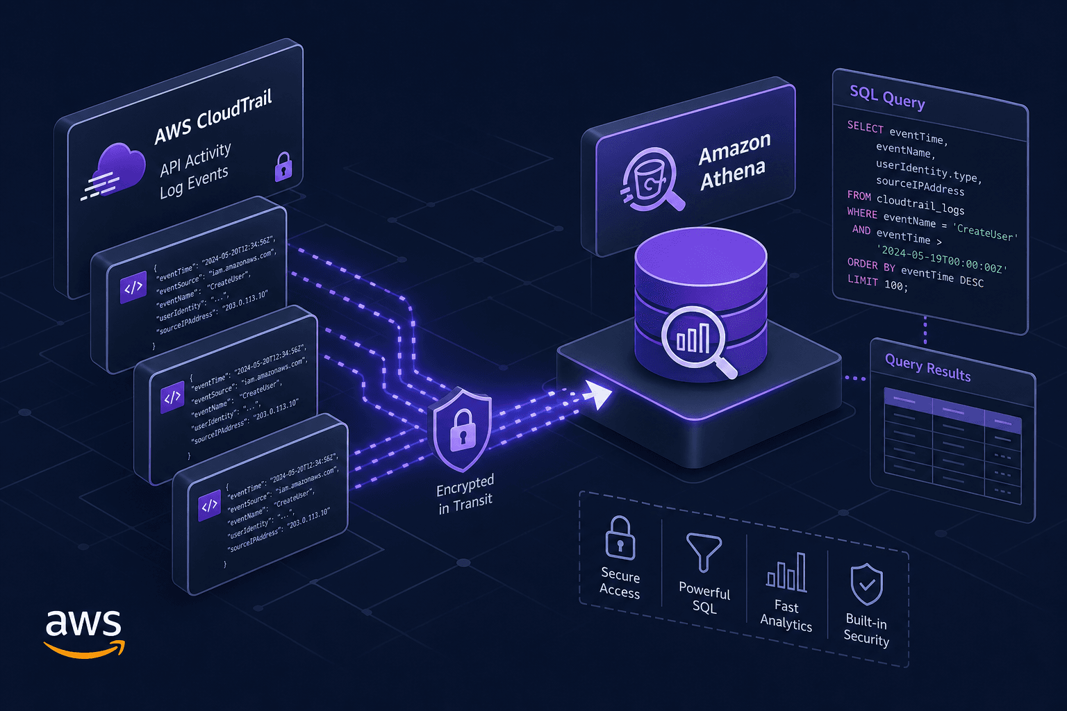 Diagram of AWS CloudTrail logs flowing into Athena for security investigation.