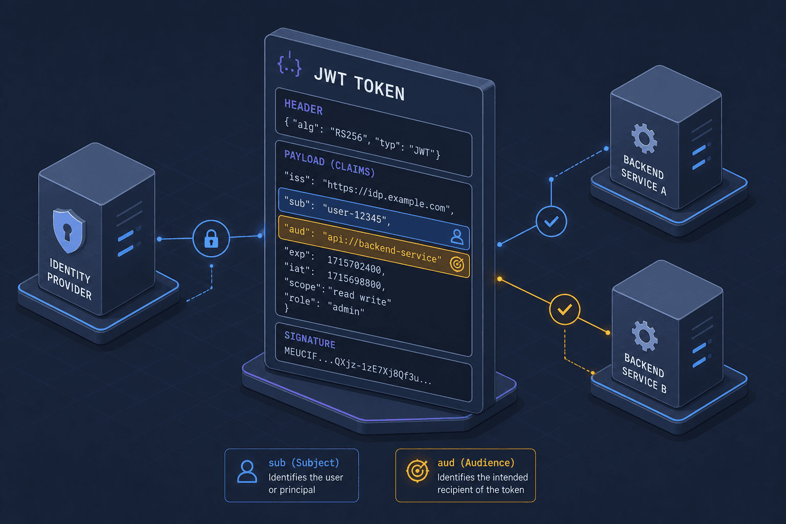 Diagram illustrating JWT sub and aud claims in a distributed system.