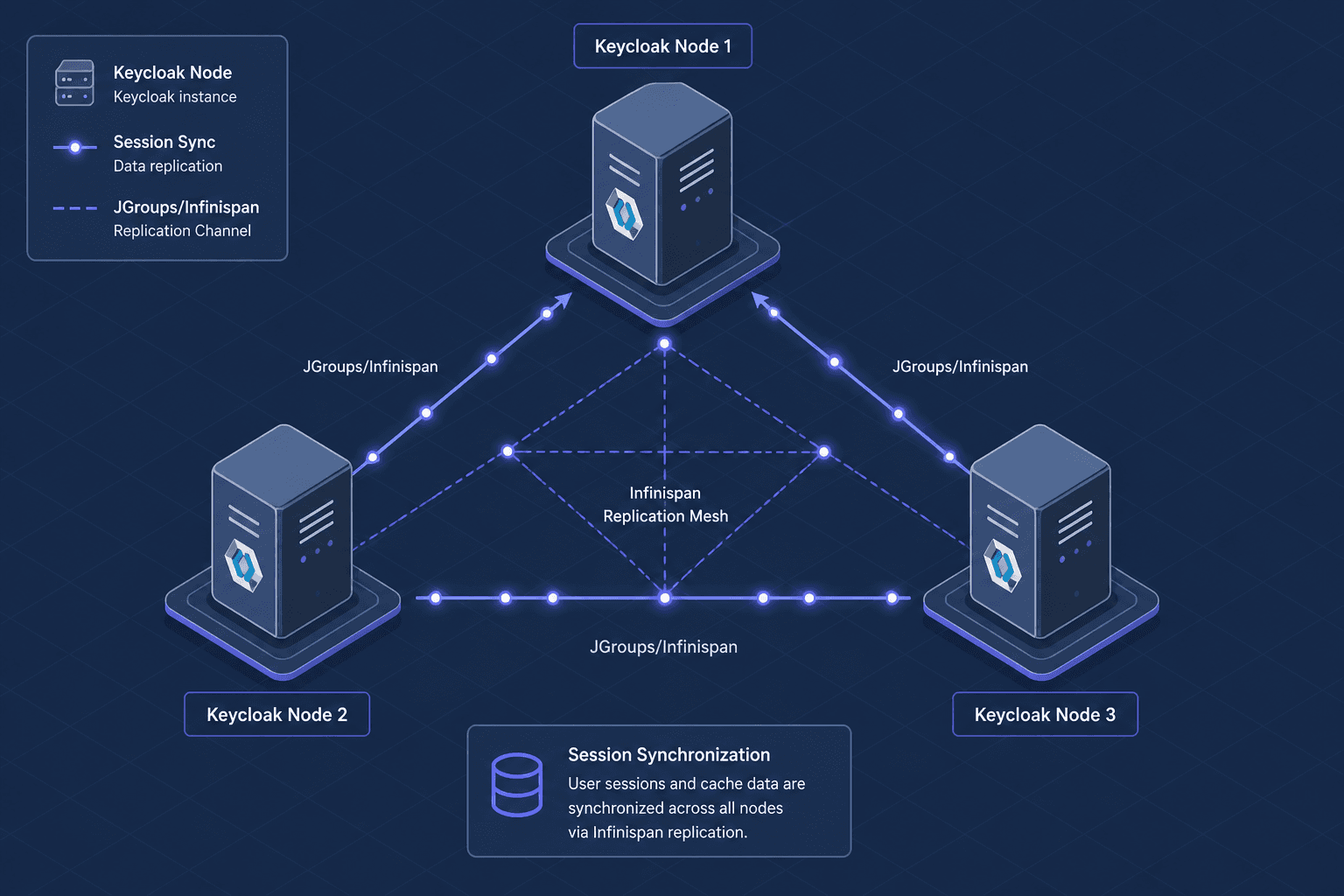 Diagram showing Keycloak cluster nodes connected via Infinispan replication.