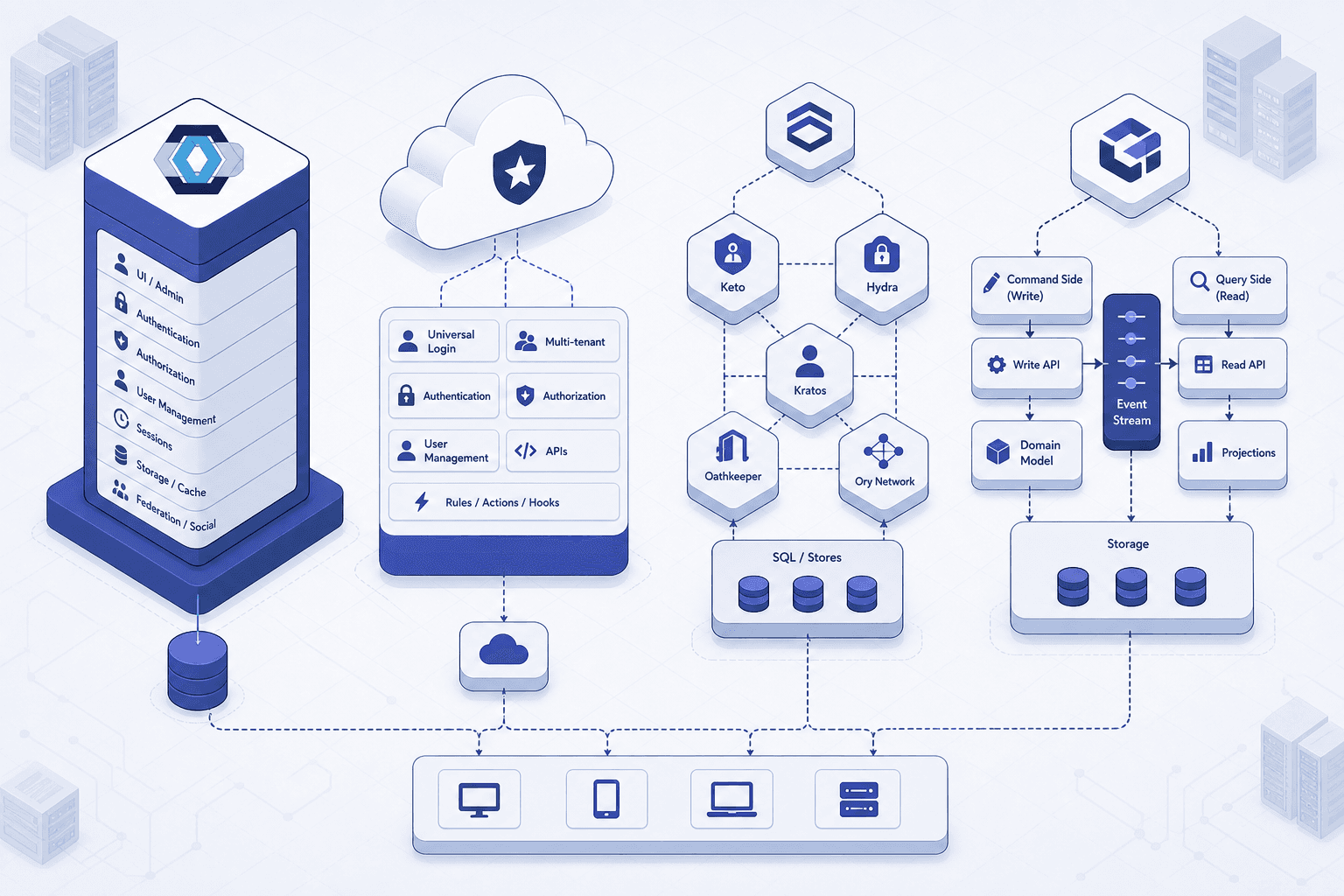 Comparison diagram of Keycloak, Auth0, Ory, and Zitadel architectures.