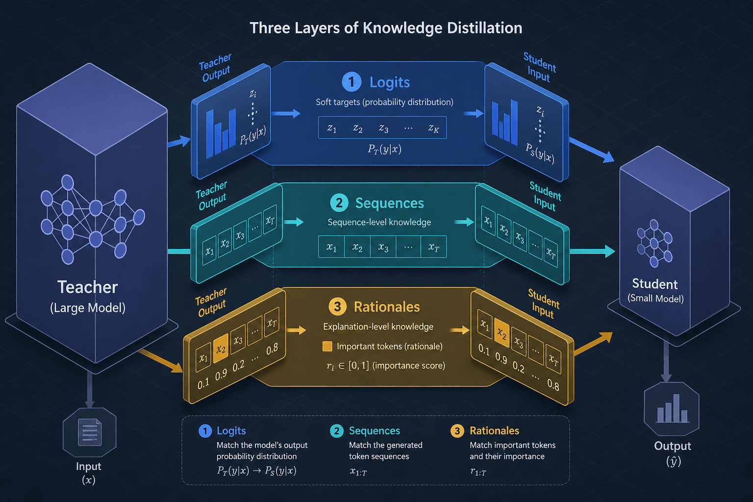 Diagram illustrating the three layers of knowledge distillation: logits, sequences, and rationales.