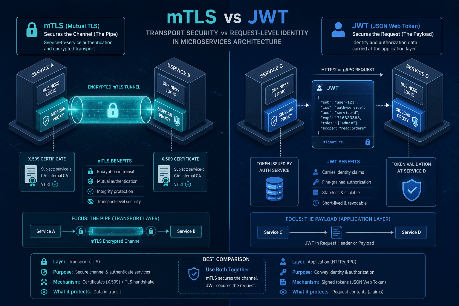 Diagram comparing mTLS transport security with JWT request-level identity in a microservices architecture.