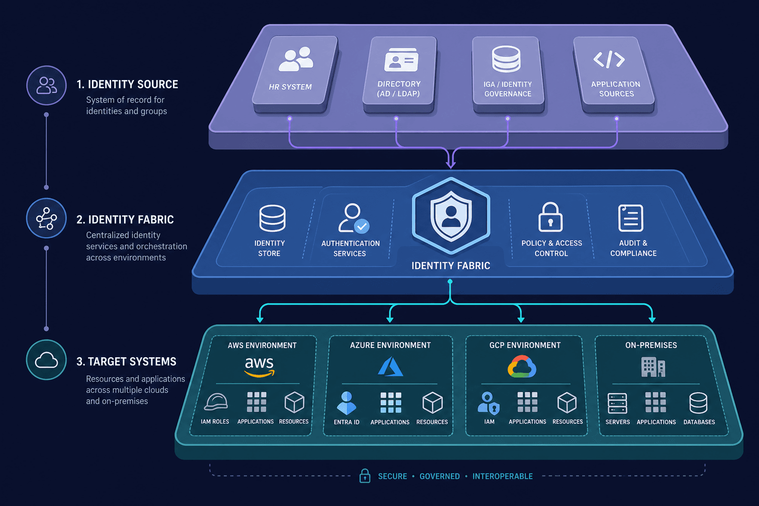 Diagram illustrating the three-layer reference architecture for cross-cloud IAM: Identity Source, Identity Fabric, and Target Systems.