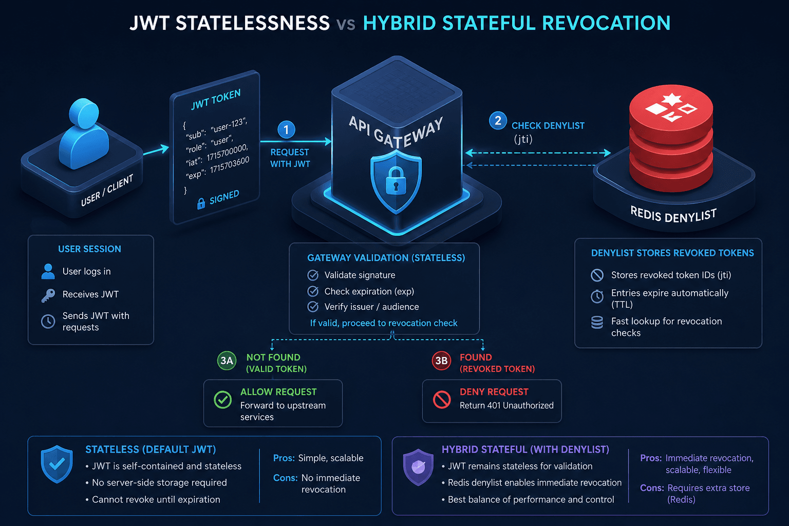 Diagram illustrating JWT statelessness and the concept of token revocation via a denylist.