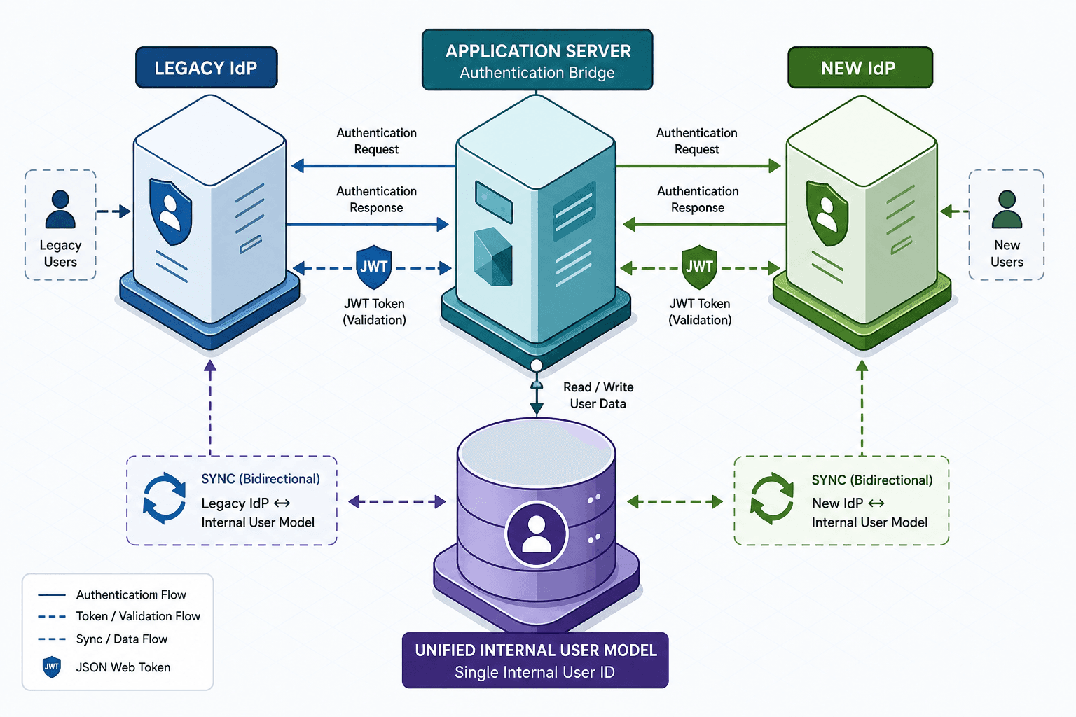 Diagram illustrating parallel authentication flows between legacy and new identity providers.