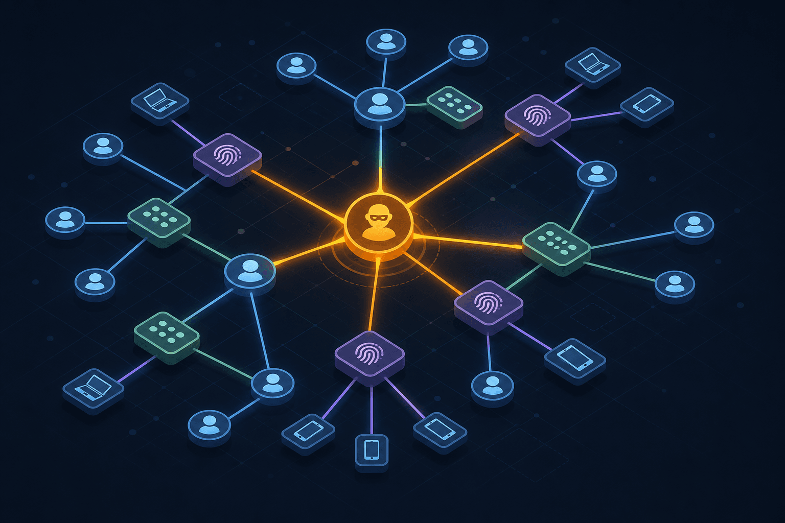 Network graph visualization showing connections between nodes representing IPs, SSNs, and devices in a synthetic identity fraud ring.