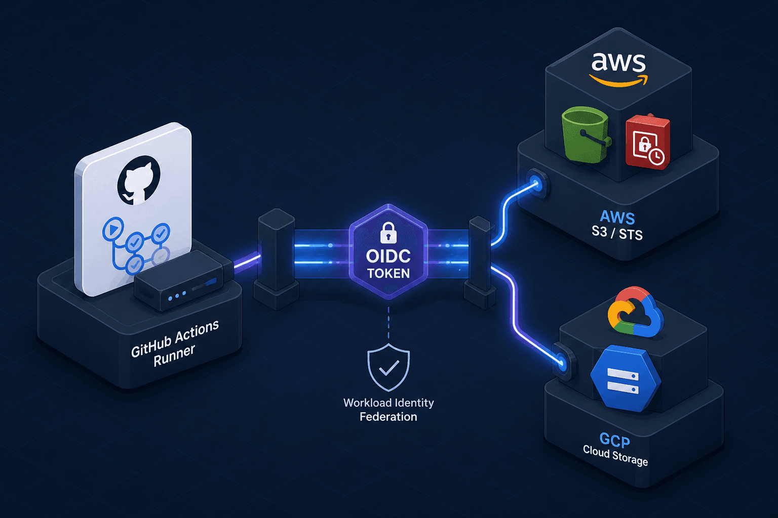 Diagram illustrating Workload Identity Federation connecting GitHub Actions to AWS and GCP via OIDC tokens.
